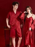 Pijama de seda helada rojo para boda, bata de mañana, conjunto de pareja, vestido nupcial, ropa de casa fina de verano para p... - Imagen 4