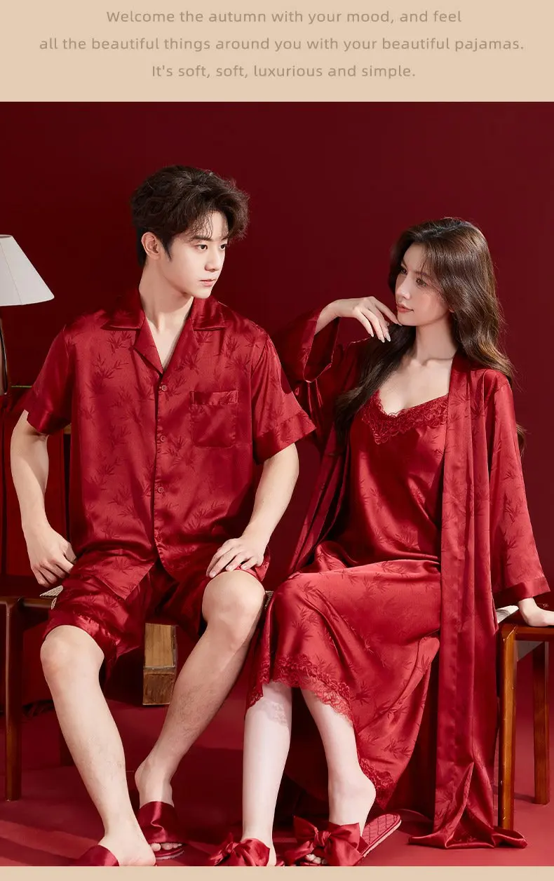 Pijama de seda helada rojo para boda, bata de mañana, conjunto de pareja, vestido nupcial, ropa de casa fina de verano para p...