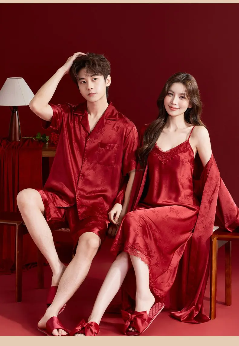 Pijama de seda helada rojo para boda, bata de mañana, conjunto de pareja, vestido nupcial, ropa de casa fina de verano para p...