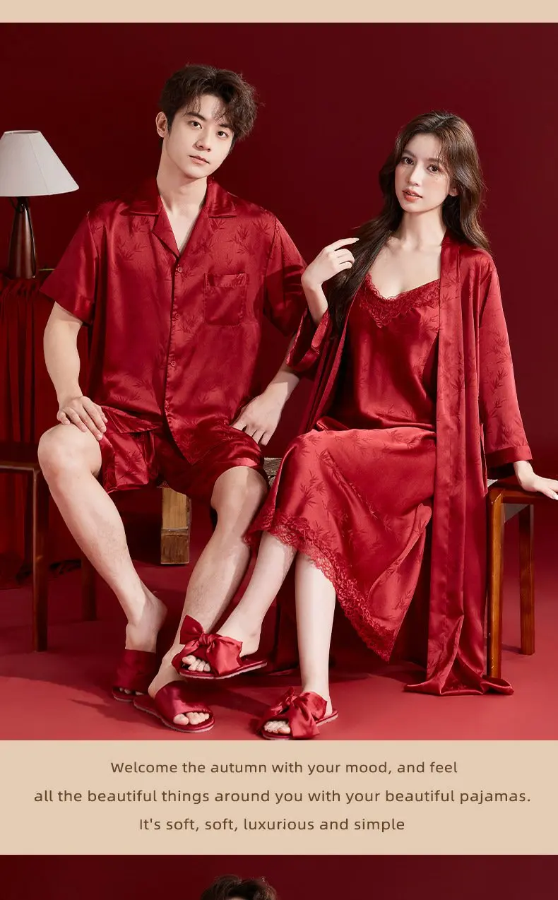Pijama de seda helada rojo para boda, bata de mañana, conjunto de pareja, vestido nupcial, ropa de casa fina de verano para p...
