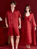 Pijama de seda helada rojo para boda, bata de mañana, conjunto de pareja, vestido nupcial, ropa de casa fina de verano para p... - Imagen 2