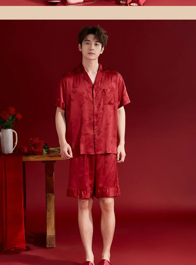 Pijama de seda helada rojo para boda, bata de mañana, conjunto de pareja, vestido nupcial, ropa de casa fina de verano para p...