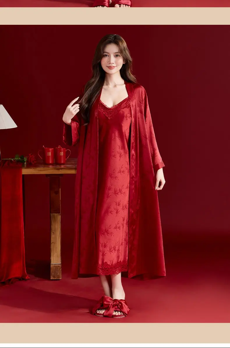 Pijama de seda helada rojo para boda, bata de mañana, conjunto de pareja, vestido nupcial, ropa de casa fina de verano para p...