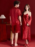 Pijama de seda helada rojo para boda, bata de mañana, conjunto de pareja, vestido nupcial, ropa de casa fina de verano para p... - Imagen 5