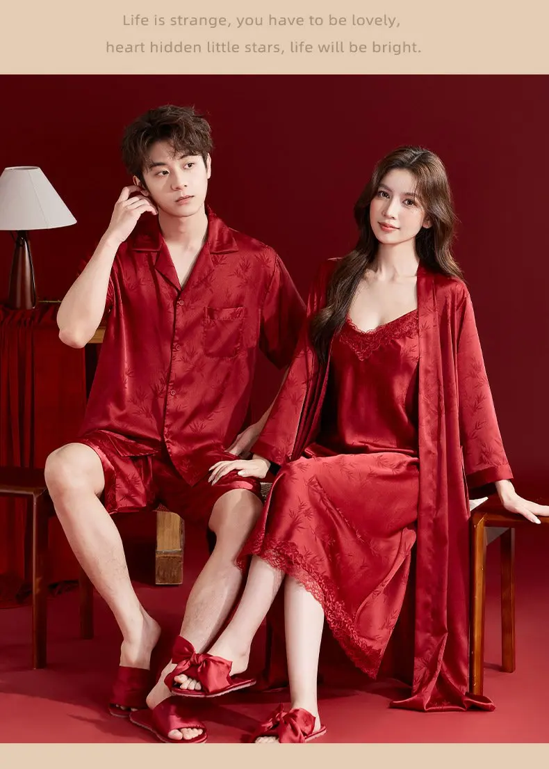 Pijama de seda helada rojo para boda, bata de mañana, conjunto de pareja, vestido nupcial, ropa de casa fina de verano para p...