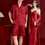 Pijama de seda helada rojo para boda, bata de mañana, conjunto de pareja, vestido nupcial, ropa de casa fina de verano para p...