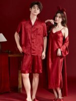 Pijama de seda helada rojo para boda, bata de mañana, conjunto de pareja, vestido nupcial, ropa de casa fina de verano para p...