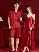 Pijama de seda helada rojo para boda, bata de mañana, conjunto de pareja, vestido nupcial, ropa de casa fina de verano para p... - Imagen 3