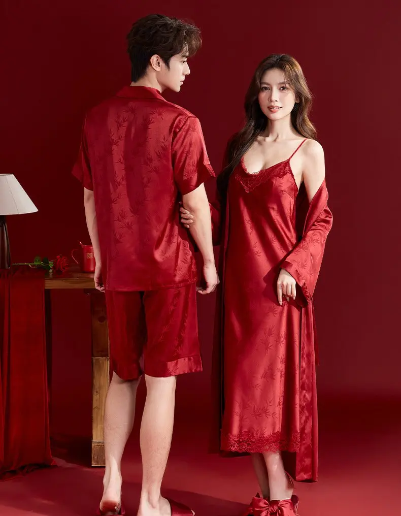 Pijama de seda helada rojo para boda, bata de mañana, conjunto de pareja, vestido nupcial, ropa de casa fina de verano para p...