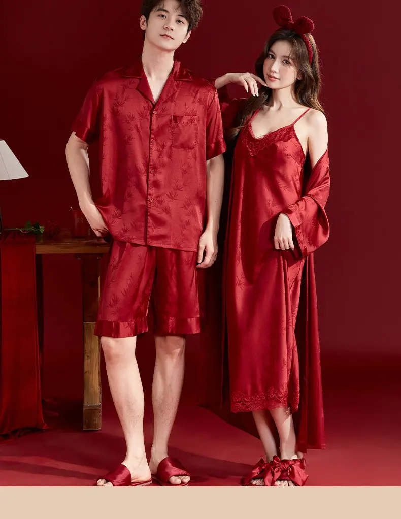 Pijama de seda helada rojo para boda, bata de mañana, conjunto de pareja, vestido nupcial, ropa de casa fina de verano para p...