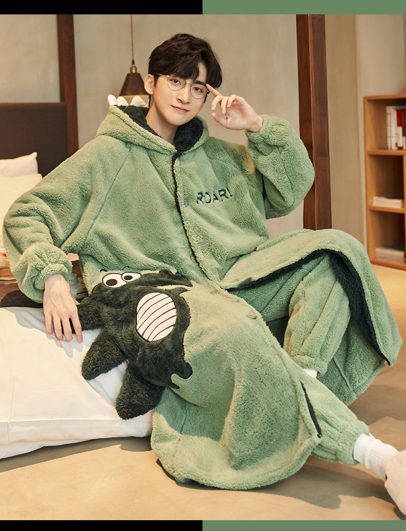 Conjunto de pijamas de franela para hombre, ropa de dormir gruesa y cálida con pantalones de dibujos animados, ropa de casa con capucha, 3XL talla grande, invierno, nuevo