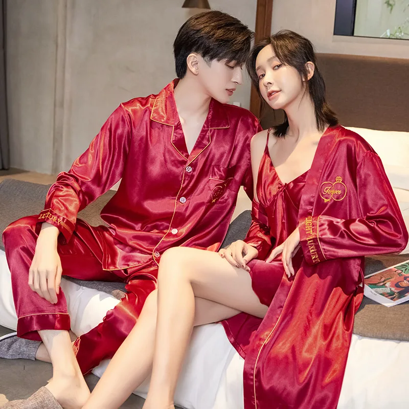 Conjunto de pijamas para parejas de primavera y otoño, bonito conjunto de batas de rayón para mujer, ropa de dormir de satén para hombre, traje de pijama, ropa de casa para dormir