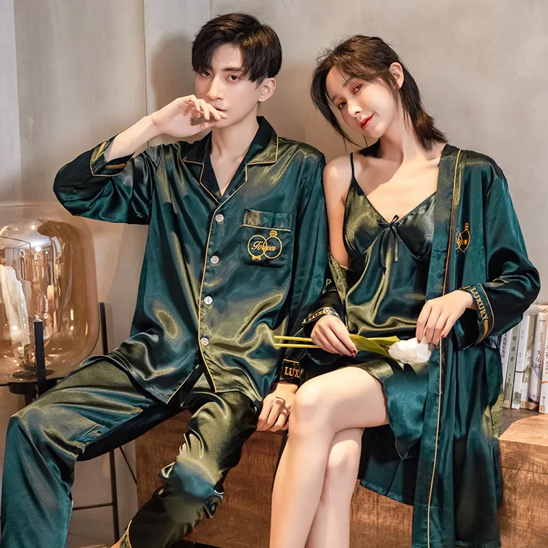 Conjunto de pijamas para parejas de primavera y otoño, bonito conjunto de batas de rayón para mujer, ropa de dormir de satén para hombre, traje de pijama, ropa de casa para dormir