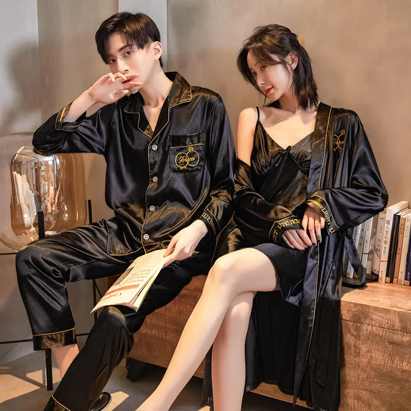 Conjunto de pijamas para parejas de primavera y otoño, bonito conjunto de batas de rayón para mujer, ropa de dormir de satén para hombre, traje de pijama, ropa de casa para dormir