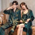 Conjunto de pijamas para parejas de primavera y otoño, bonito conjunto de batas de rayón para mujer, ropa de dormir de satén para hombre, traje de pijama, ropa de casa para dormir - Imagen 5