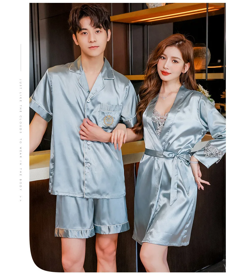 Conjunto de pijamas de verano para parejas, conjunto de bata de rayón bonito para mujer, pantalones cortos de satén para hombre, ropa de dormir, traje de pijama, ropa de casa, trajes para dormir