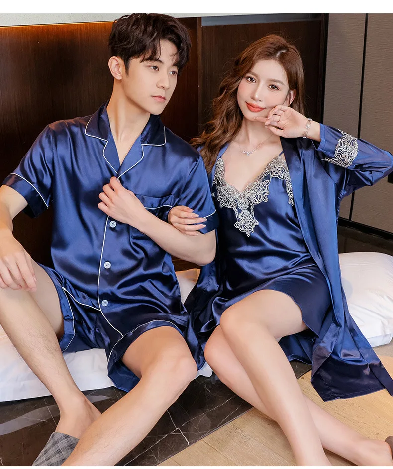 Conjunto de pijamas de verano para parejas, conjunto de bata de rayón bonito para mujer, pantalones cortos de satén para hombre, ropa de dormir, traje de pijama, ropa de casa, trajes para dormir