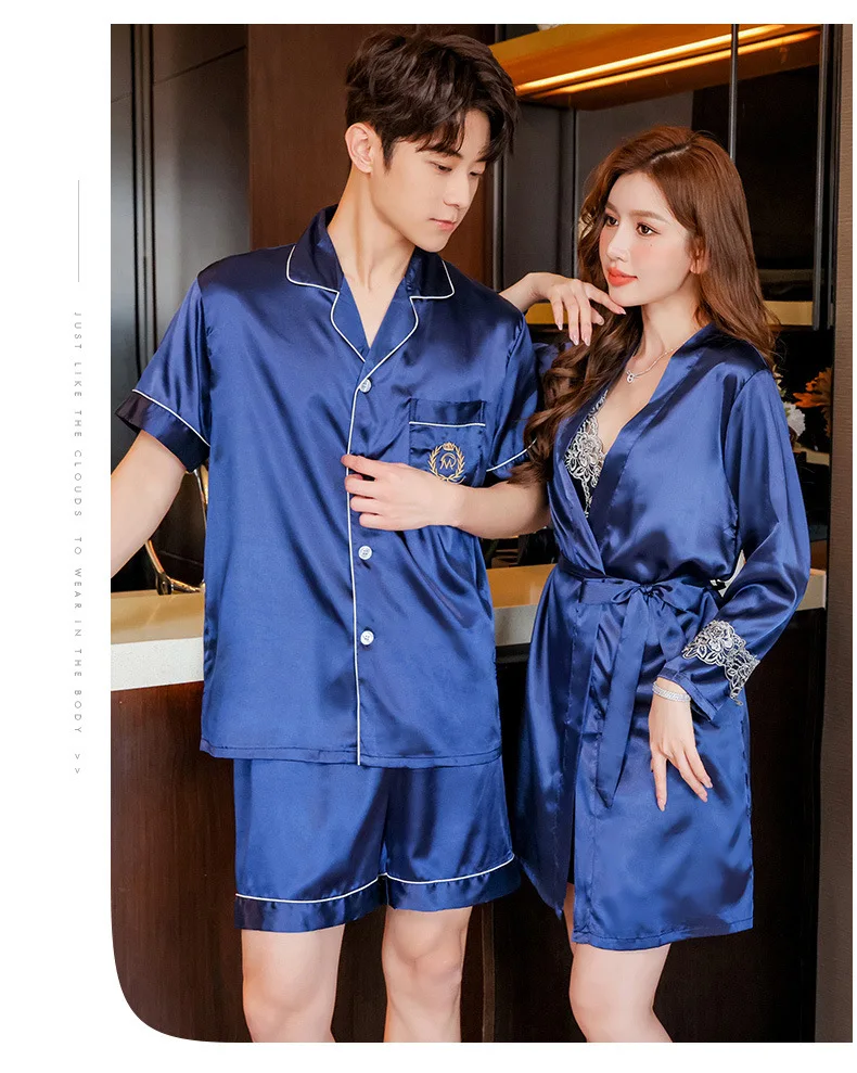 Conjunto de pijamas de verano para parejas, conjunto de bata de rayón bonito para mujer, pantalones cortos de satén para hombre, ropa de dormir, traje de pijama, ropa de casa, trajes para dormir