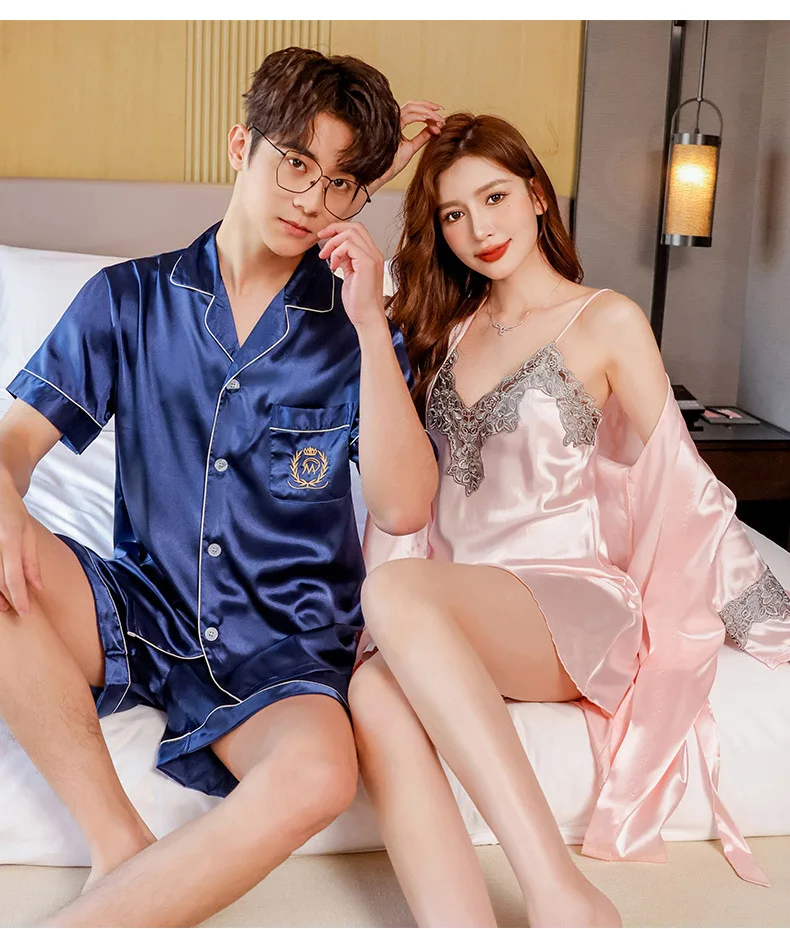 Conjunto de pijamas de verano para parejas, conjunto de bata de rayón bonito para mujer, pantalones cortos de satén para hombre, ropa de dormir, traje de pijama, ropa de casa, trajes para dormir