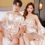 Conjunto de pijamas de verano para parejas, conjunto de bata de rayón bonito para mujer, pantalones cortos de satén para hombre, ropa de dormir, traje de pijama, ropa de casa, trajes para dormir - Imagen 2