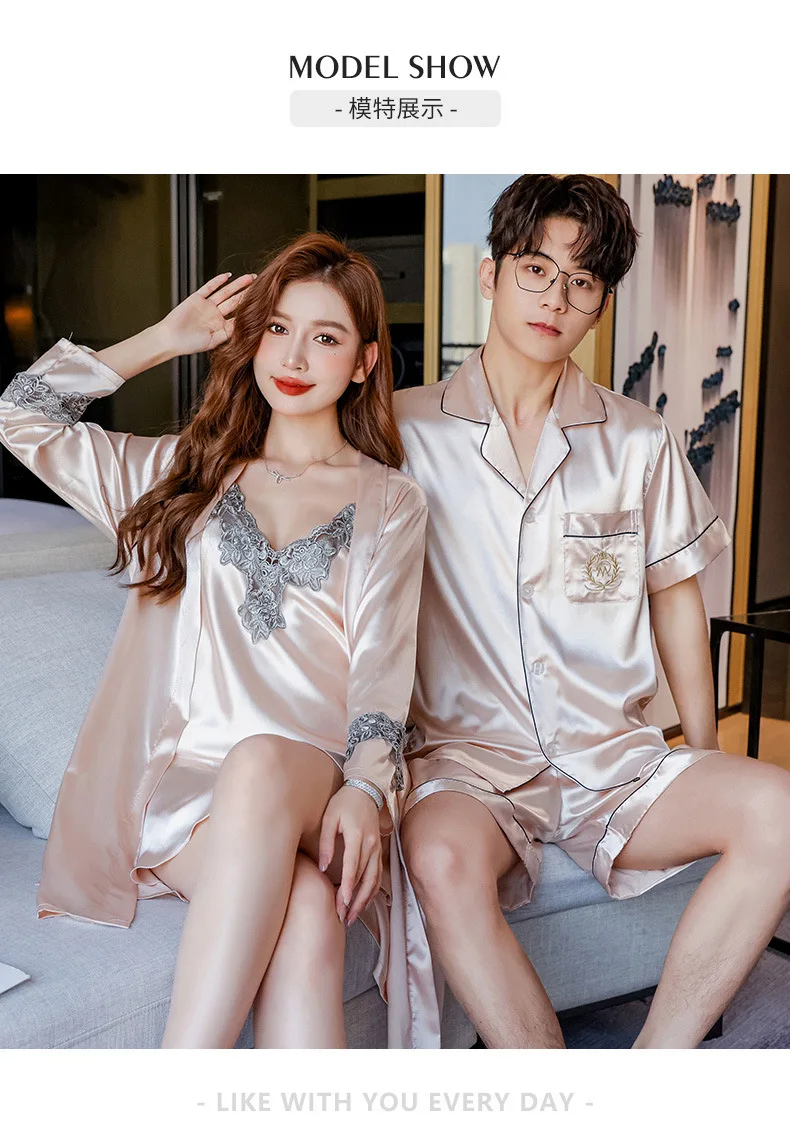 Conjunto de pijamas de verano para parejas, conjunto de bata de rayón bonito para mujer, pantalones cortos de satén para hombre, ropa de dormir, traje de pijama, ropa de casa, trajes para dormir