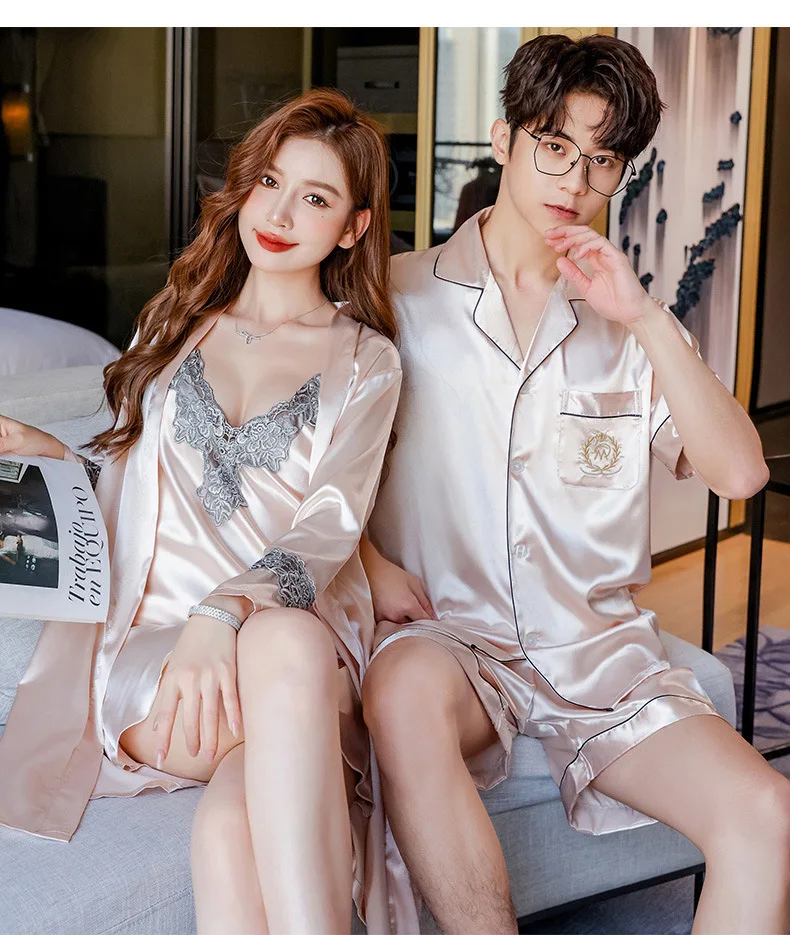 Conjunto de pijamas de verano para parejas, conjunto de bata de rayón bonito para mujer, pantalones cortos de satén para hombre, ropa de dormir, traje de pijama, ropa de casa, trajes para dormir
