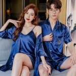 Conjunto de pijamas de verano para parejas, conjunto de bata de rayón bonito para mujer, pantalones cortos de satén para hombre, ropa de dormir, traje de pijama, ropa de casa, trajes para dormir