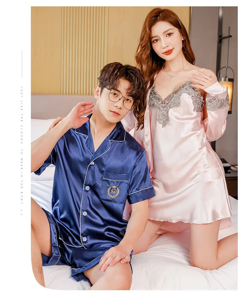 Conjunto de pijamas de verano para parejas, conjunto de bata de rayón bonito para mujer, pantalones cortos de satén para hombre, ropa de dormir, traje de pijama, ropa de casa, trajes para dormir