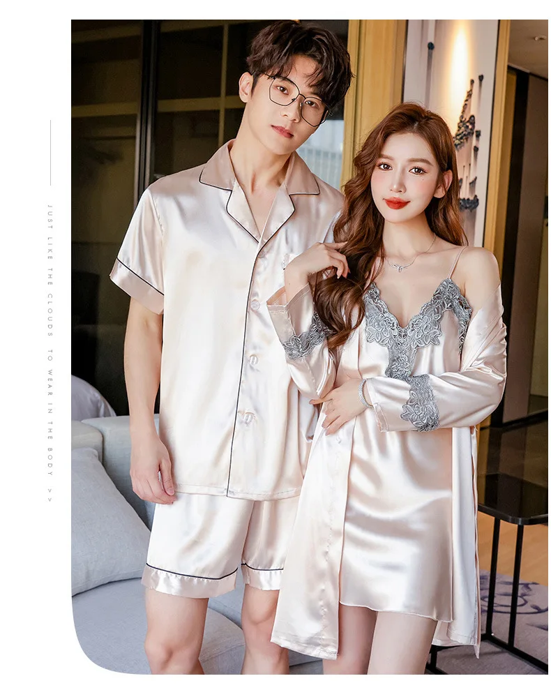 Conjunto de pijamas de verano para parejas, conjunto de bata de rayón bonito para mujer, pantalones cortos de satén para hombre, ropa de dormir, traje de pijama, ropa de casa, trajes para dormir
