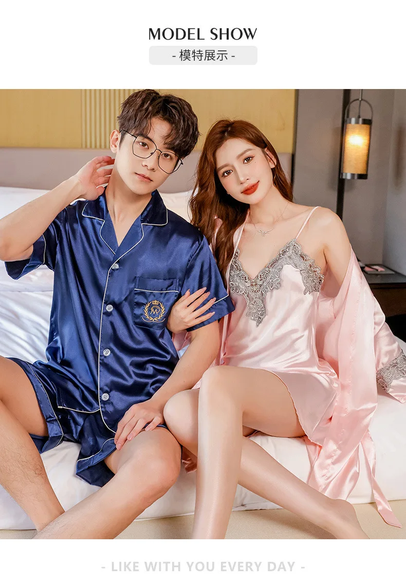 Conjunto de pijamas de verano para parejas, conjunto de bata de rayón bonito para mujer, pantalones cortos de satén para hombre, ropa de dormir, traje de pijama, ropa de casa, trajes para dormir