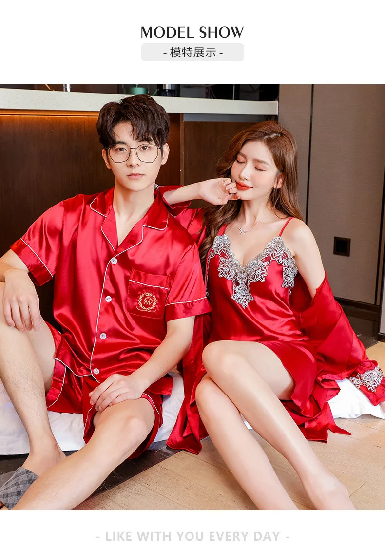 Conjunto de pijamas de verano para parejas, conjunto de bata de rayón bonito para mujer, pantalones cortos de satén para hombre, ropa de dormir, traje de pijama, ropa de casa, trajes para dormir