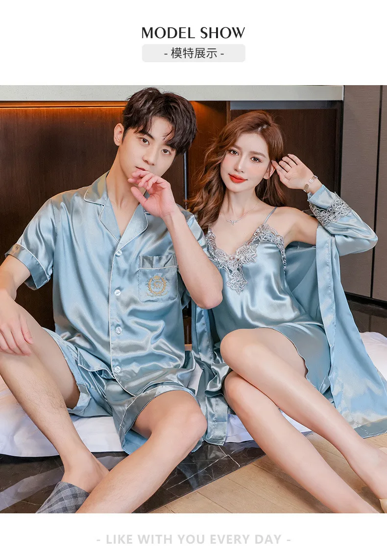 Conjunto de pijamas de verano para parejas, conjunto de bata de rayón bonito para mujer, pantalones cortos de satén para hombre, ropa de dormir, traje de pijama, ropa de casa, trajes para dormir