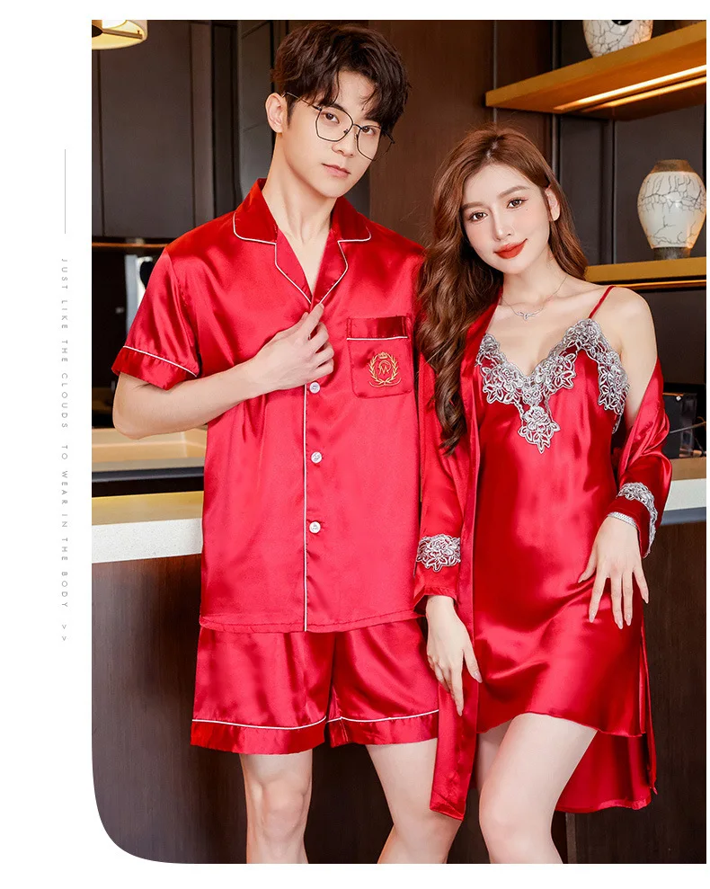 Conjunto de pijamas de verano para parejas, conjunto de bata de rayón bonito para mujer, pantalones cortos de satén para hombre, ropa de dormir, traje de pijama, ropa de casa, trajes para dormir