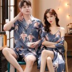 Conjunto de pijamas de verano para parejas, conjunto de bata de rayón bonito para mujer, pantalones cortos de satén para hombre, ropa de dormir, traje de pijama, ropa de casa, trajes para dormir - Imagen 3