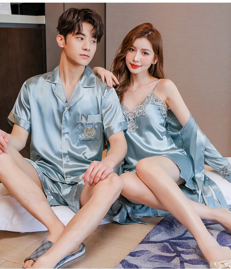 Conjunto de pijamas de verano para parejas, conjunto de bata de rayón bonito para mujer, pantalones cortos de satén para hombre, ropa de dormir, traje de pijama, ropa de casa, trajes para dormir