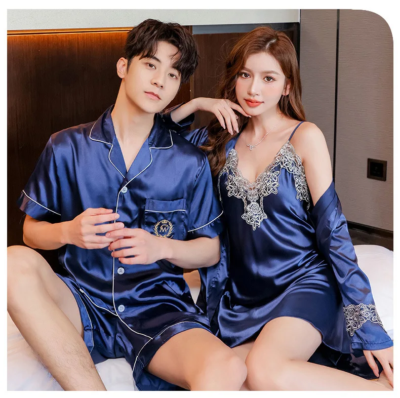 Conjunto de pijamas de verano para parejas, conjunto de bata de rayón bonito para mujer, pantalones cortos de satén para hombre, ropa de dormir, traje de pijama, ropa de casa, trajes para dormir