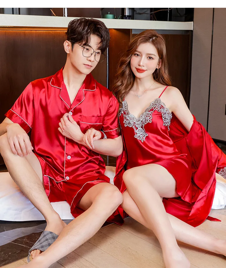 Conjunto de pijamas de verano para parejas, conjunto de bata de rayón bonito para mujer, pantalones cortos de satén para hombre, ropa de dormir, traje de pijama, ropa de casa, trajes para dormir