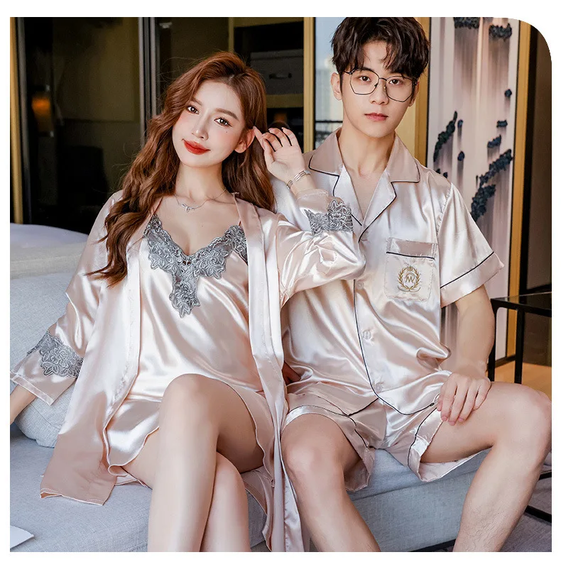 Conjunto de pijamas de verano para parejas, conjunto de bata de rayón bonito para mujer, pantalones cortos de satén para hombre, ropa de dormir, traje de pijama, ropa de casa, trajes para dormir
