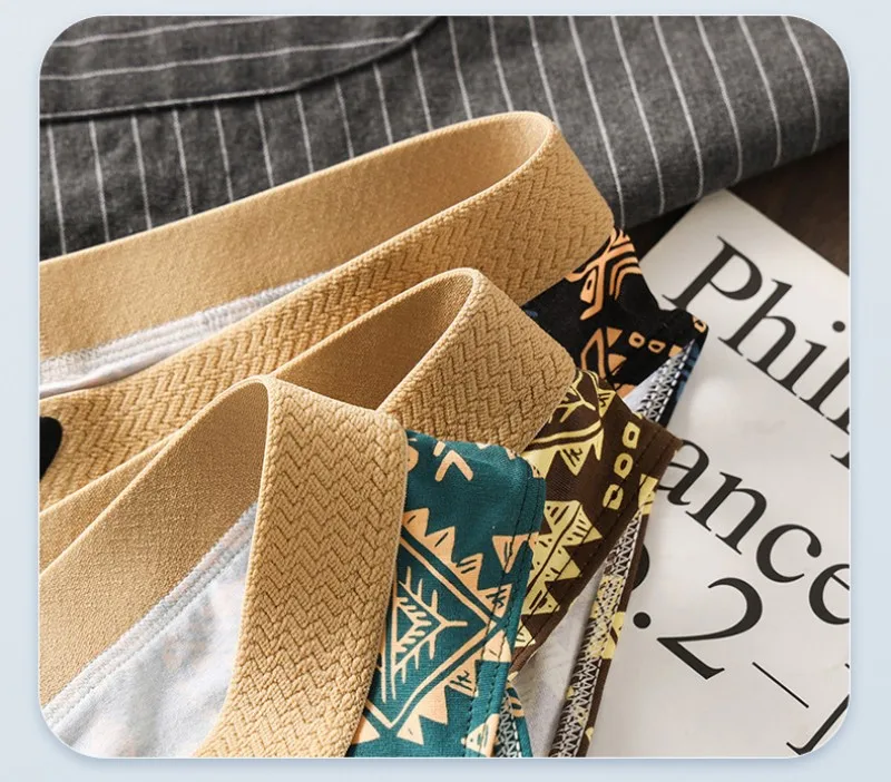 Paquete de 3 Calzoncillos de Algodón para Hombre, Estilo Étnico Retro, Ropa Interior con Estampado, Suaves, Transpirables, de Cintura Media, Cómodos y Elásticos para Uso Diario