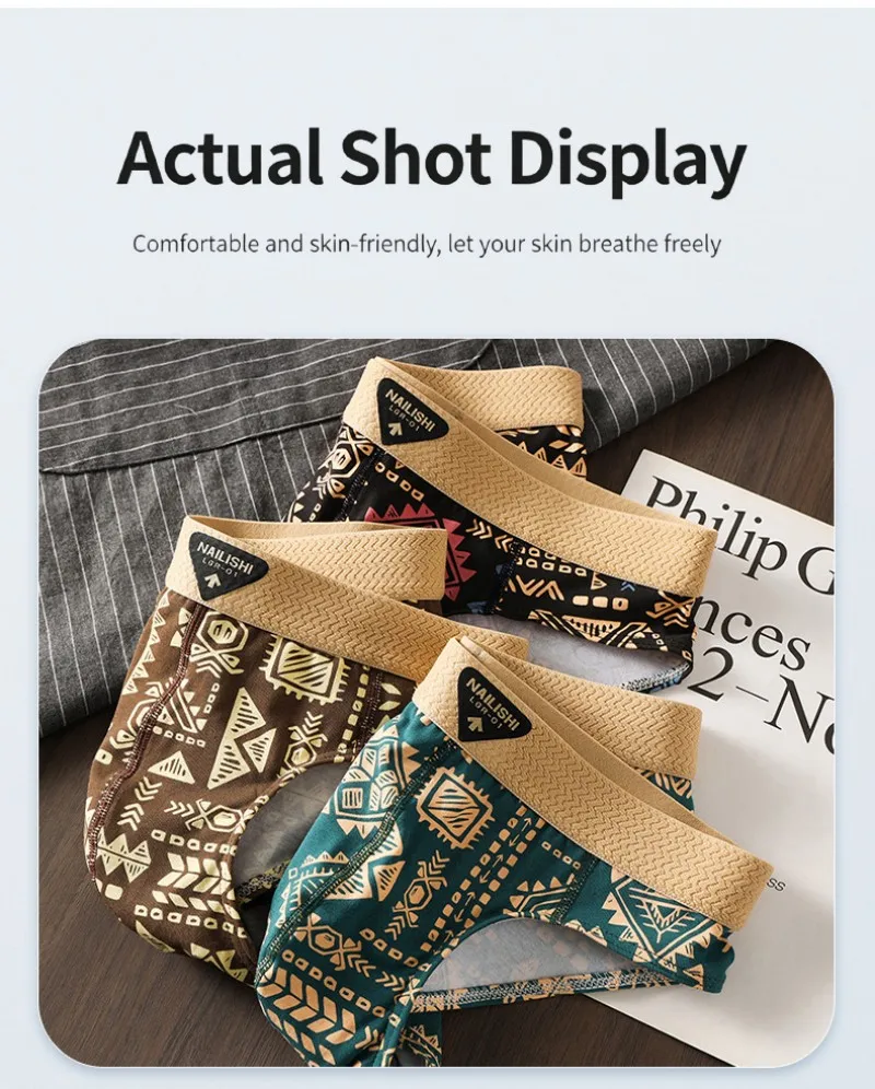 Paquete de 3 Calzoncillos de Algodón para Hombre, Estilo Étnico Retro, Ropa Interior con Estampado, Suaves, Transpirables, de Cintura Media, Cómodos y Elásticos para Uso Diario