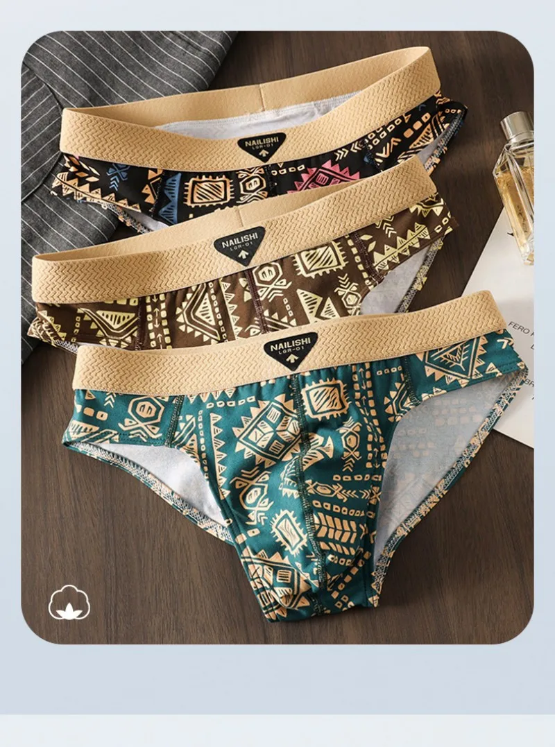 Paquete de 3 Calzoncillos de Algodón para Hombre, Estilo Étnico Retro, Ropa Interior con Estampado, Suaves, Transpirables, de Cintura Media, Cómodos y Elásticos para Uso Diario