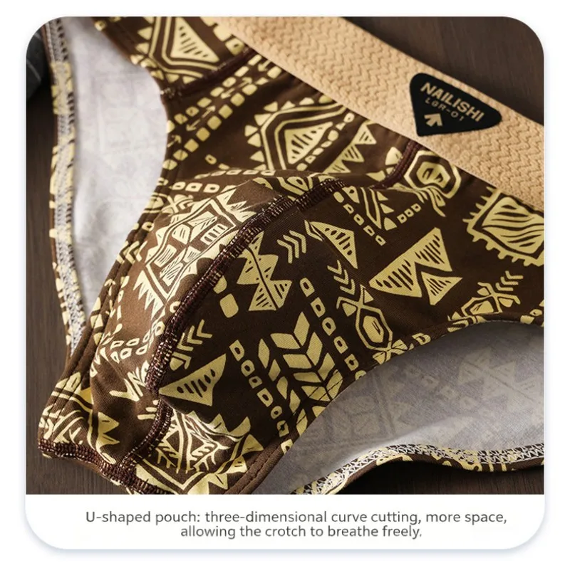Paquete de 3 Calzoncillos de Algodón para Hombre, Estilo Étnico Retro, Ropa Interior con Estampado, Suaves, Transpirables, de Cintura Media, Cómodos y Elásticos para Uso Diario