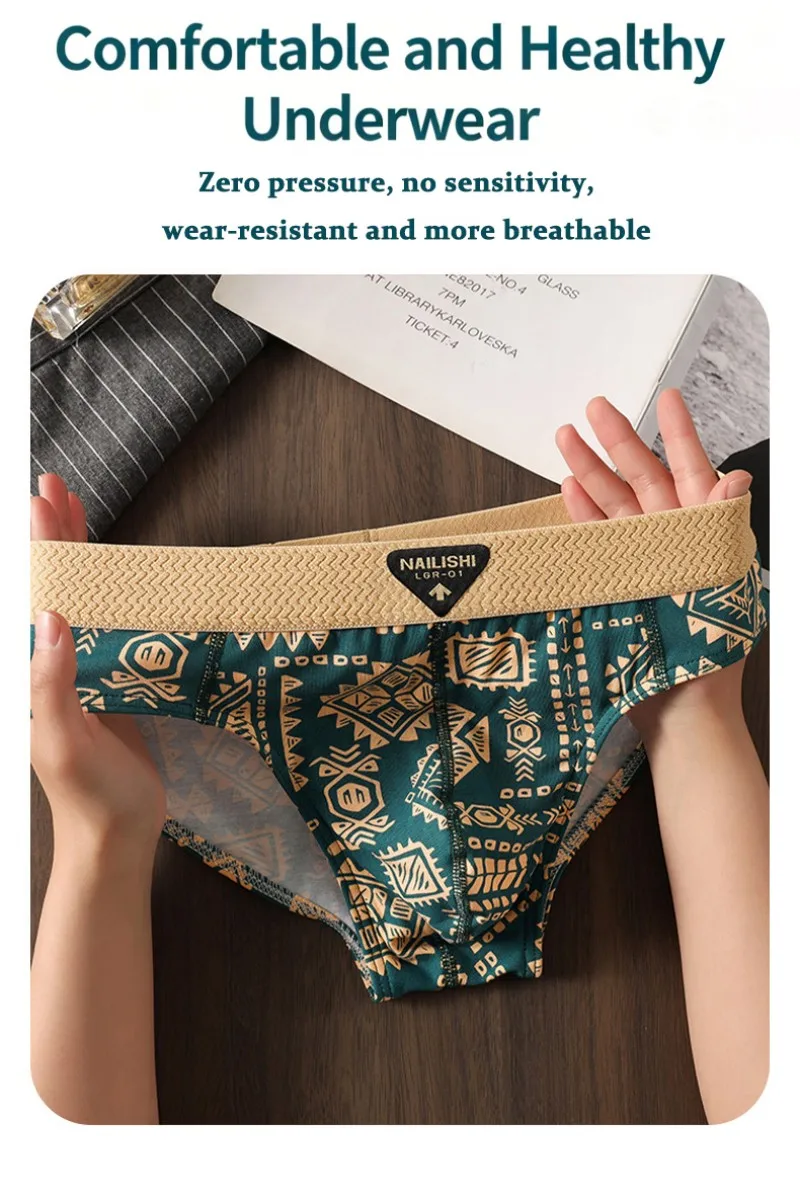 Paquete de 3 Calzoncillos de Algodón para Hombre, Estilo Étnico Retro, Ropa Interior con Estampado, Suaves, Transpirables, de Cintura Media, Cómodos y Elásticos para Uso Diario