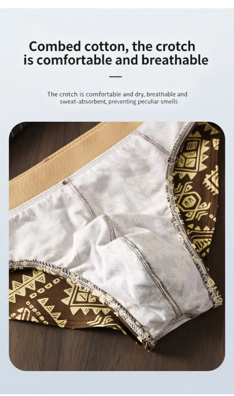 Paquete de 3 Calzoncillos de Algodón para Hombre, Estilo Étnico Retro, Ropa Interior con Estampado, Suaves, Transpirables, de Cintura Media, Cómodos y Elásticos para Uso Diario