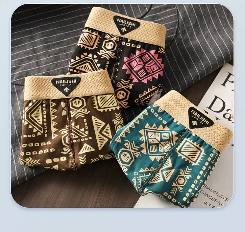 Paquete de 3 Calzoncillos de Algodón para Hombre, Estilo Étnico Retro, Ropa Interior con Estampado, Suaves, Transpirables, de Cintura Media, Cómodos y Elásticos para Uso Diario