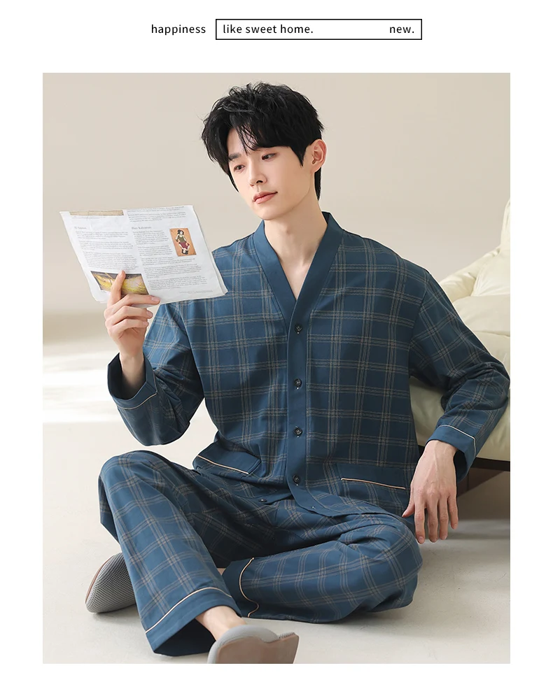 Conjunto de pijama estilo kimono japonés para hombre, tela tipo algodón a cuadros azul con botones en la parte delantera, bolsillos y cinturilla elástica L-4XL