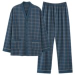 Conjunto de pijama estilo kimono japonés para hombre, tela tipo algodón a cuadros azul con botones en la parte delantera, bolsillos y cinturilla elástica L-4XL - Imagen 2