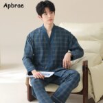 Conjunto de pijama estilo kimono japonés para hombre, tela tipo algodón a cuadros azul con botones en la parte delantera, bolsillos y cinturilla elástica L-4XL
