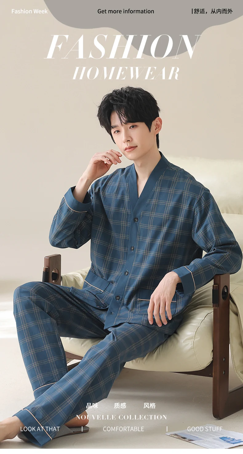 Conjunto de pijama estilo kimono japonés para hombre, tela tipo algodón a cuadros azul con botones en la parte delantera, bolsillos y cinturilla elástica L-4XL