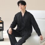 Conjunto de pijama estilo kimono japonés para hombre, tela tipo algodón a cuadros azul con botones en la parte delantera, bolsillos y cinturilla elástica L-4XL - Imagen 6